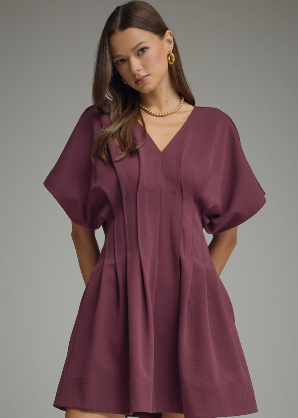 Pleated V-Neck Dress