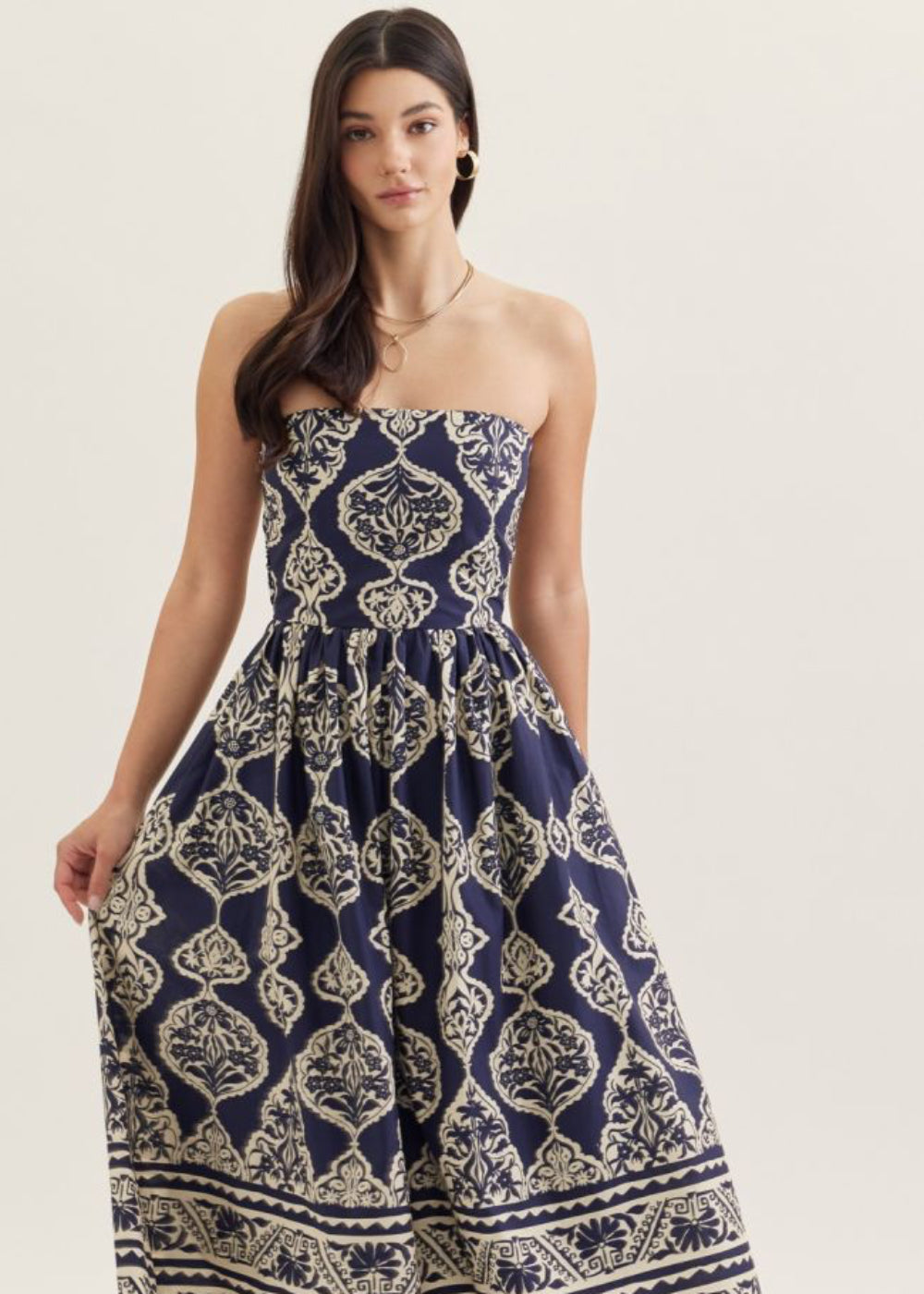 knee length dresses for ladies Strapless Navy Damask Print Maxi Dress – Enspire