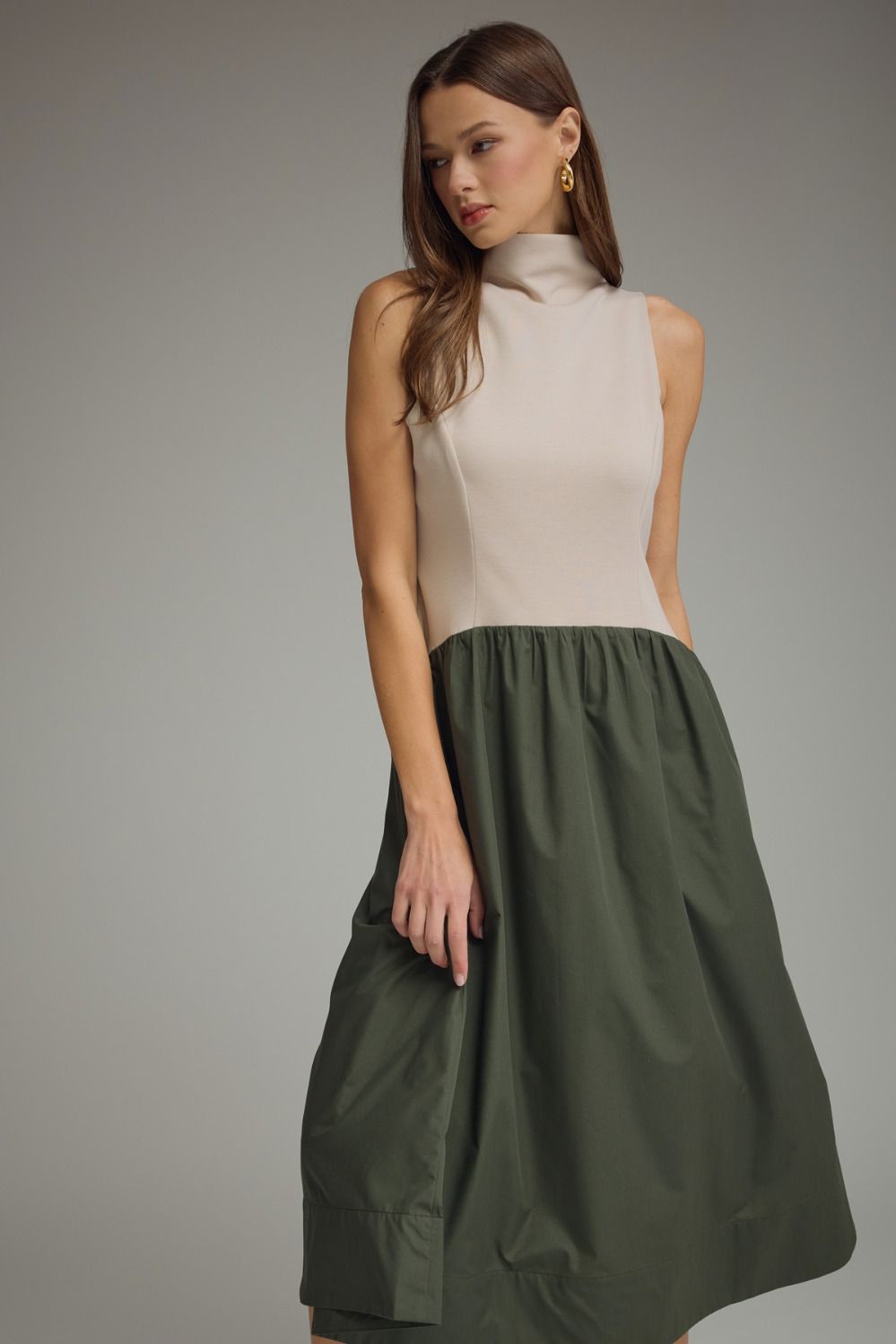 Color Block Mock Neck Midi Dress