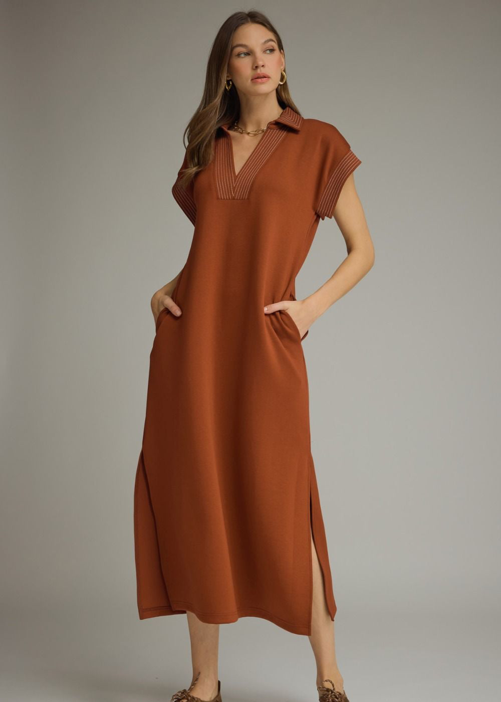 Contrast Stitch Collared Maxi Dress