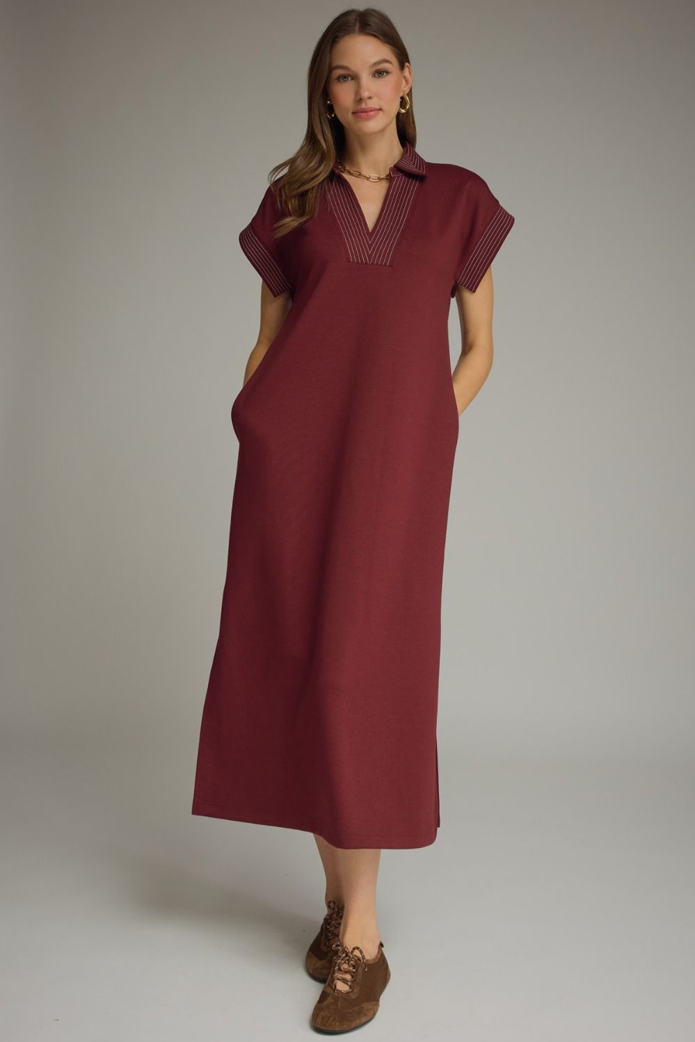 Contrast Stitch Collared Maxi Dress