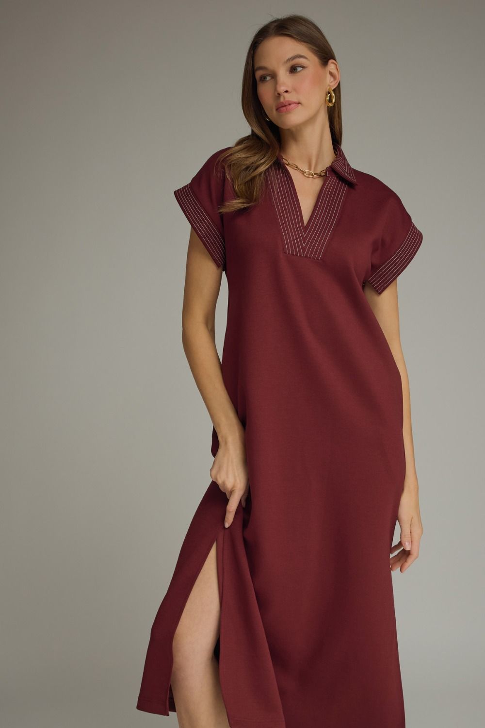 Contrast Stitch Collared Maxi Dress