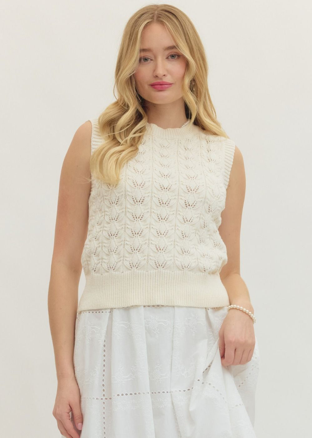 Sleeveless Pointelle Knit Sweater Tank Top