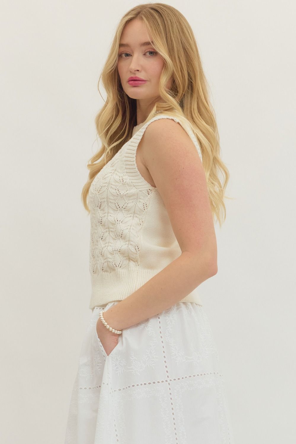 Sleeveless Pointelle Knit Sweater Tank Top