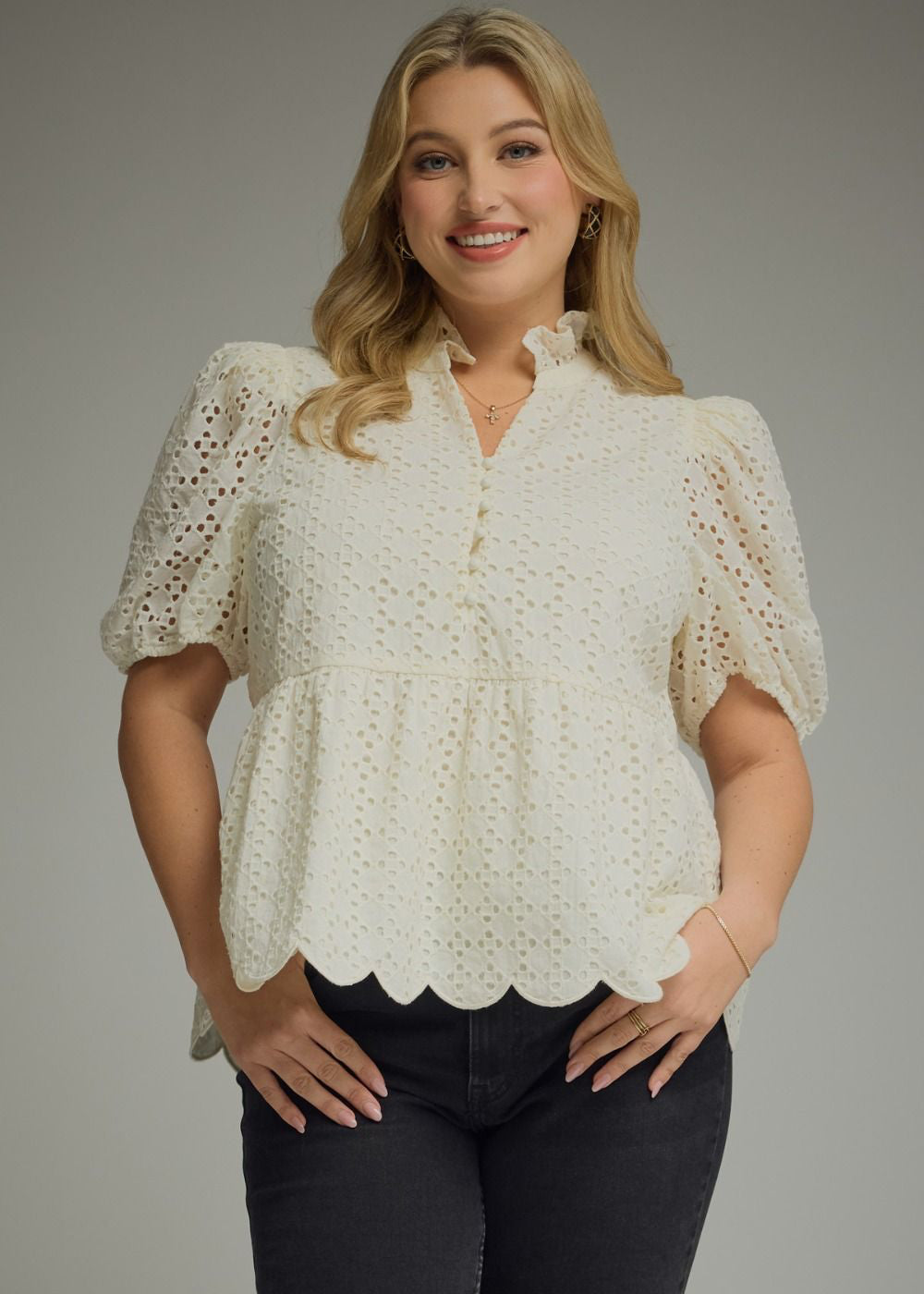 Eyelet Puff Sleeve Peplum Top