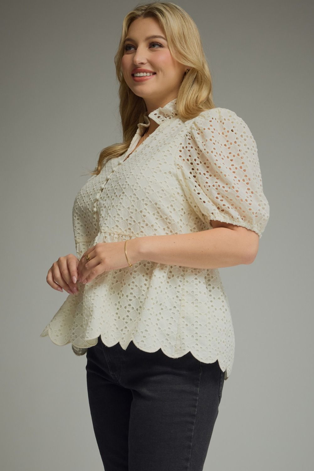 Eyelet Puff Sleeve Peplum Top