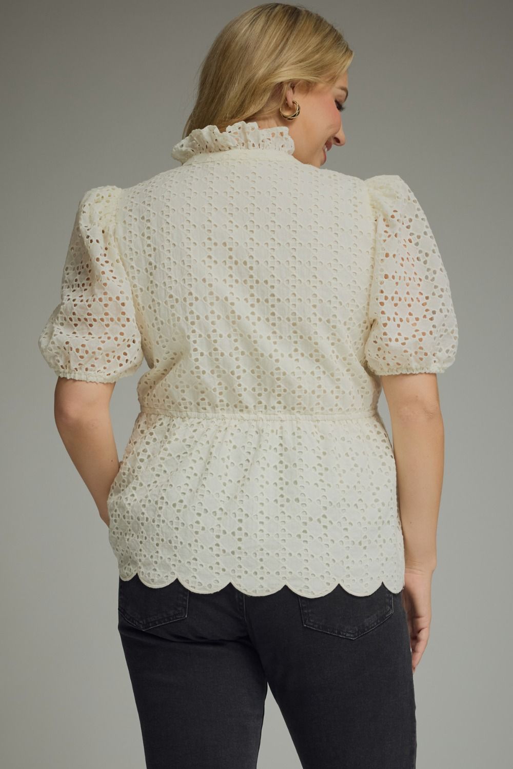 Eyelet Puff Sleeve Peplum Top