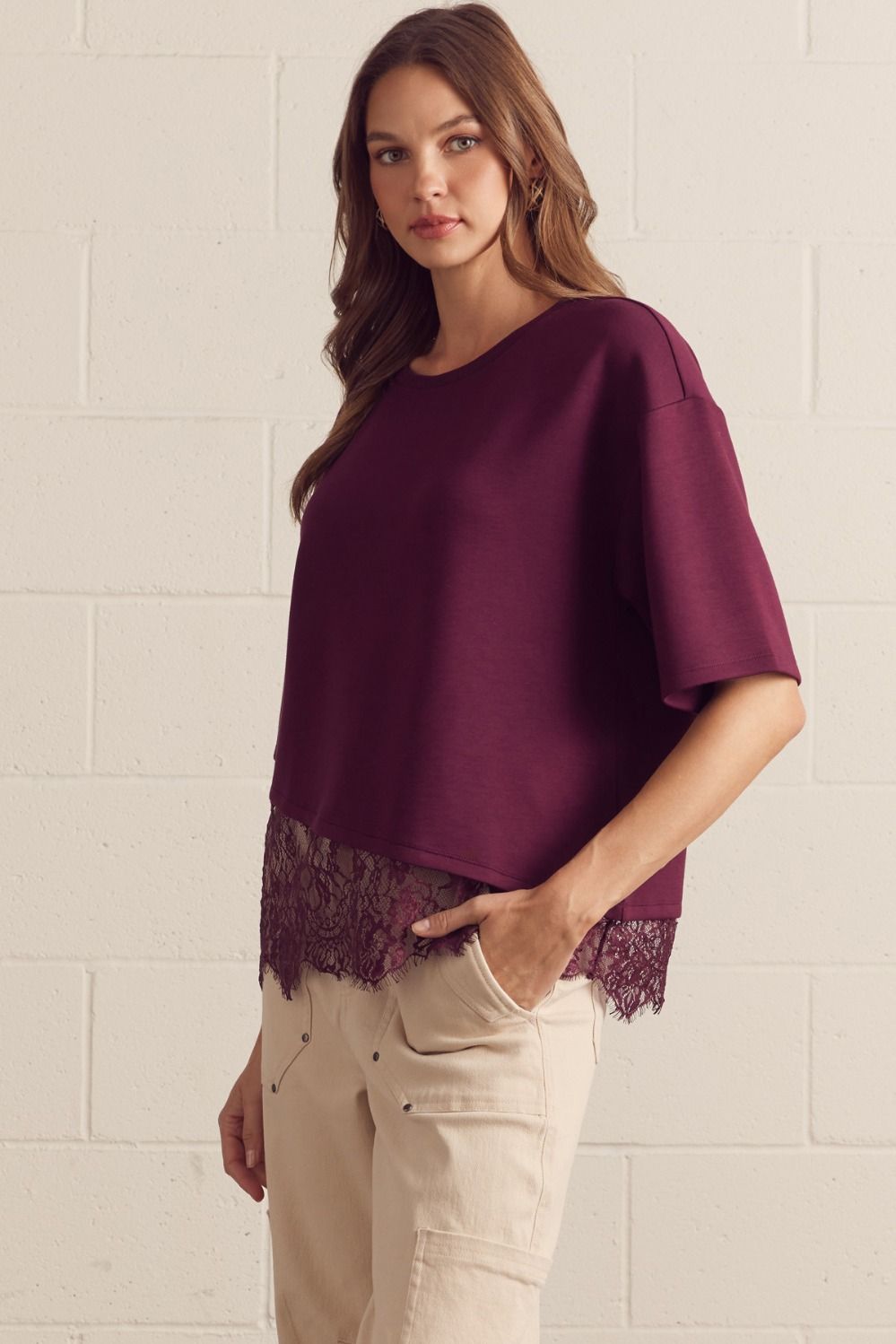 Lace Asymmetrical Hem Knit Top