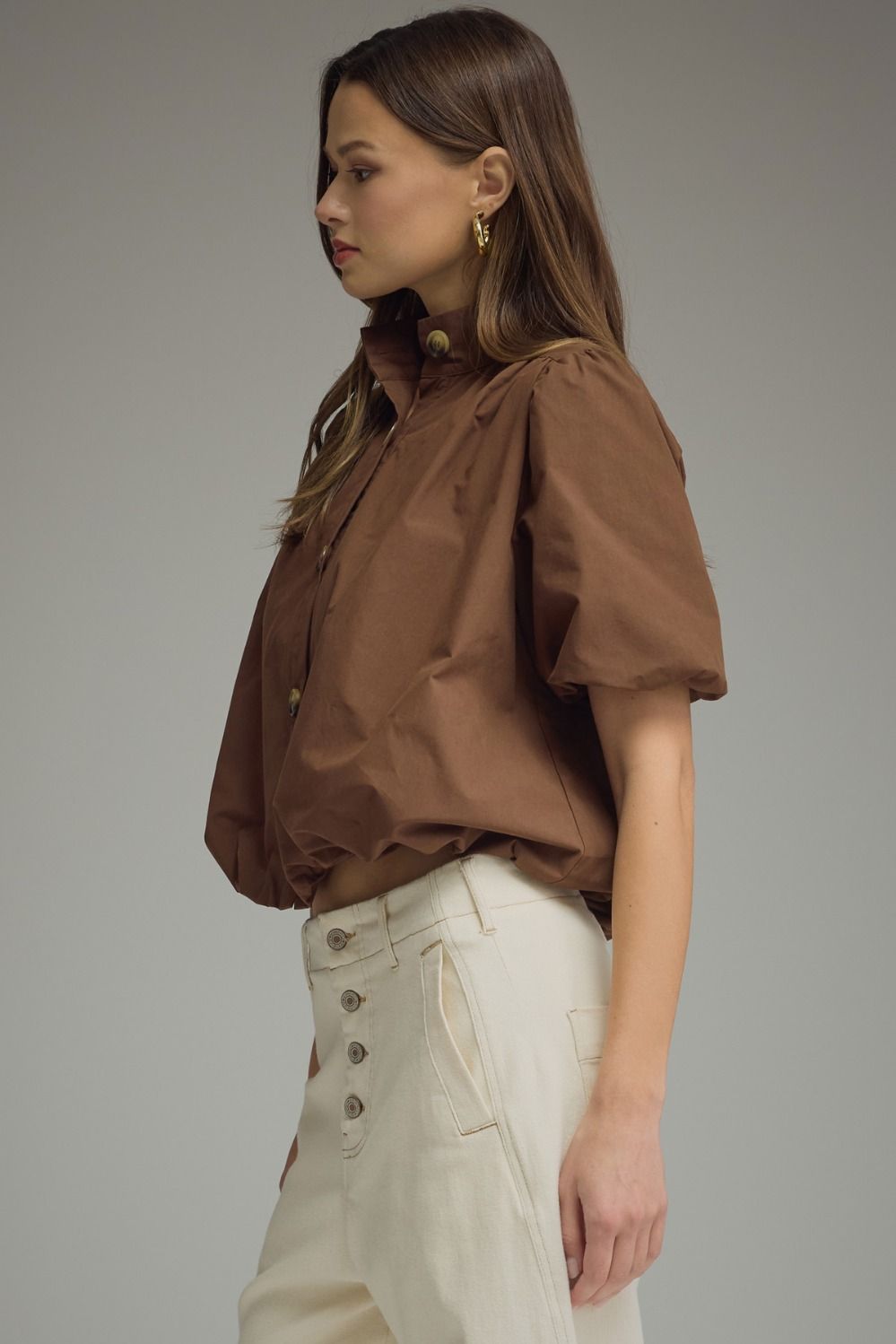 Mock Neck Button Front Bubble Hem Blouse