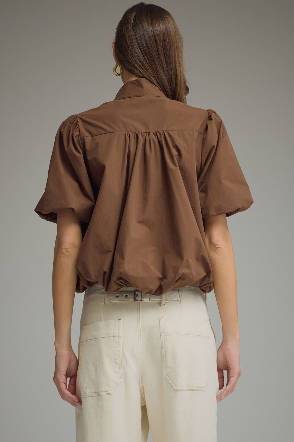 Mock Neck Button Front Bubble Hem Blouse