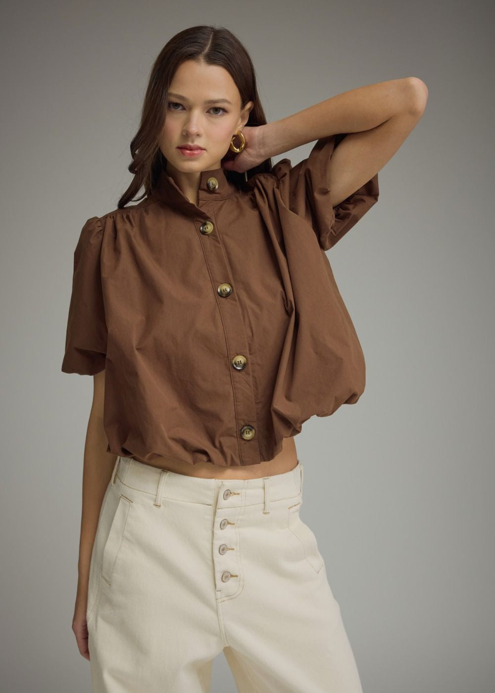 Mock Neck Button Front Bubble Hem Blouse