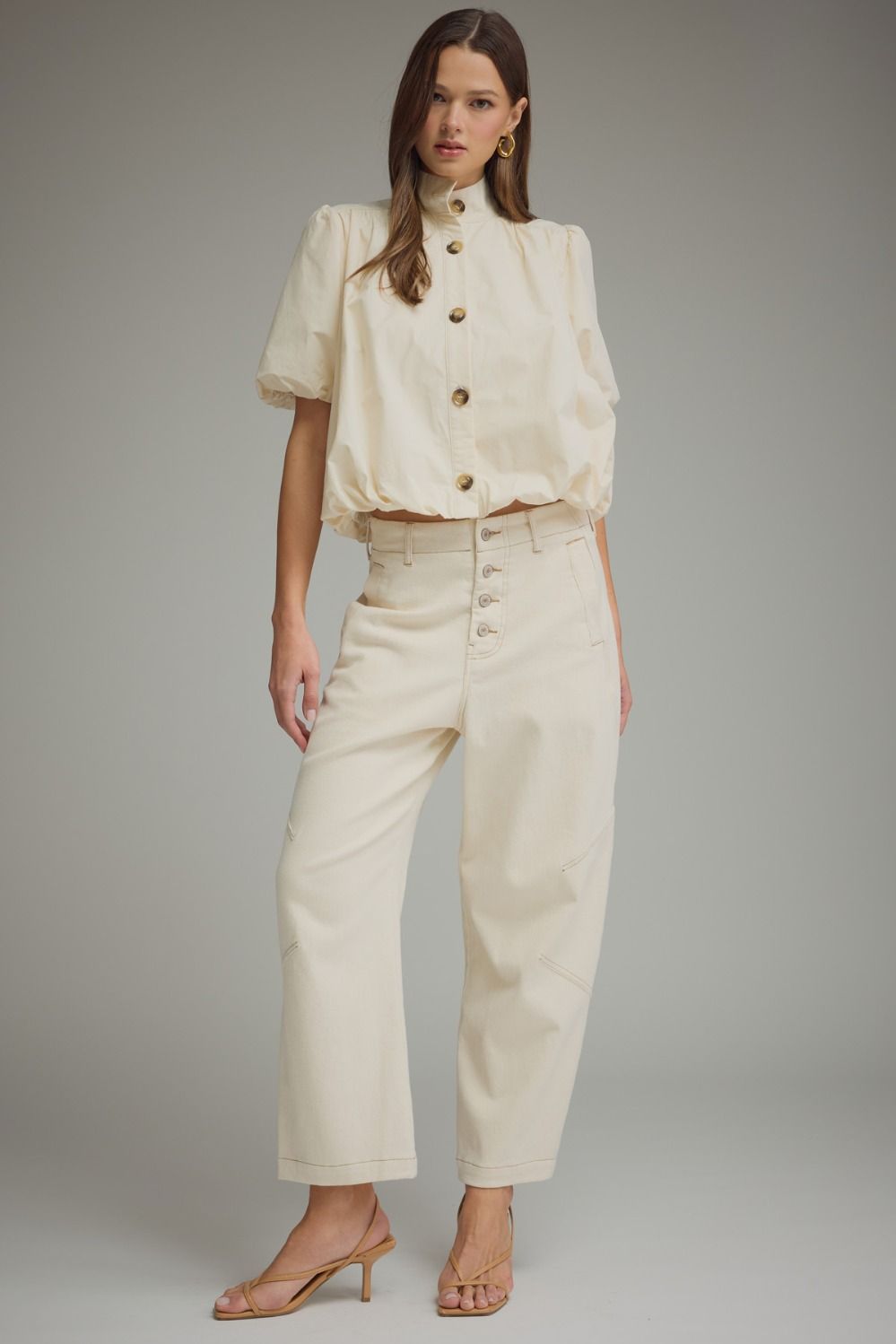 Mock Neck Button Front Bubble Hem Blouse