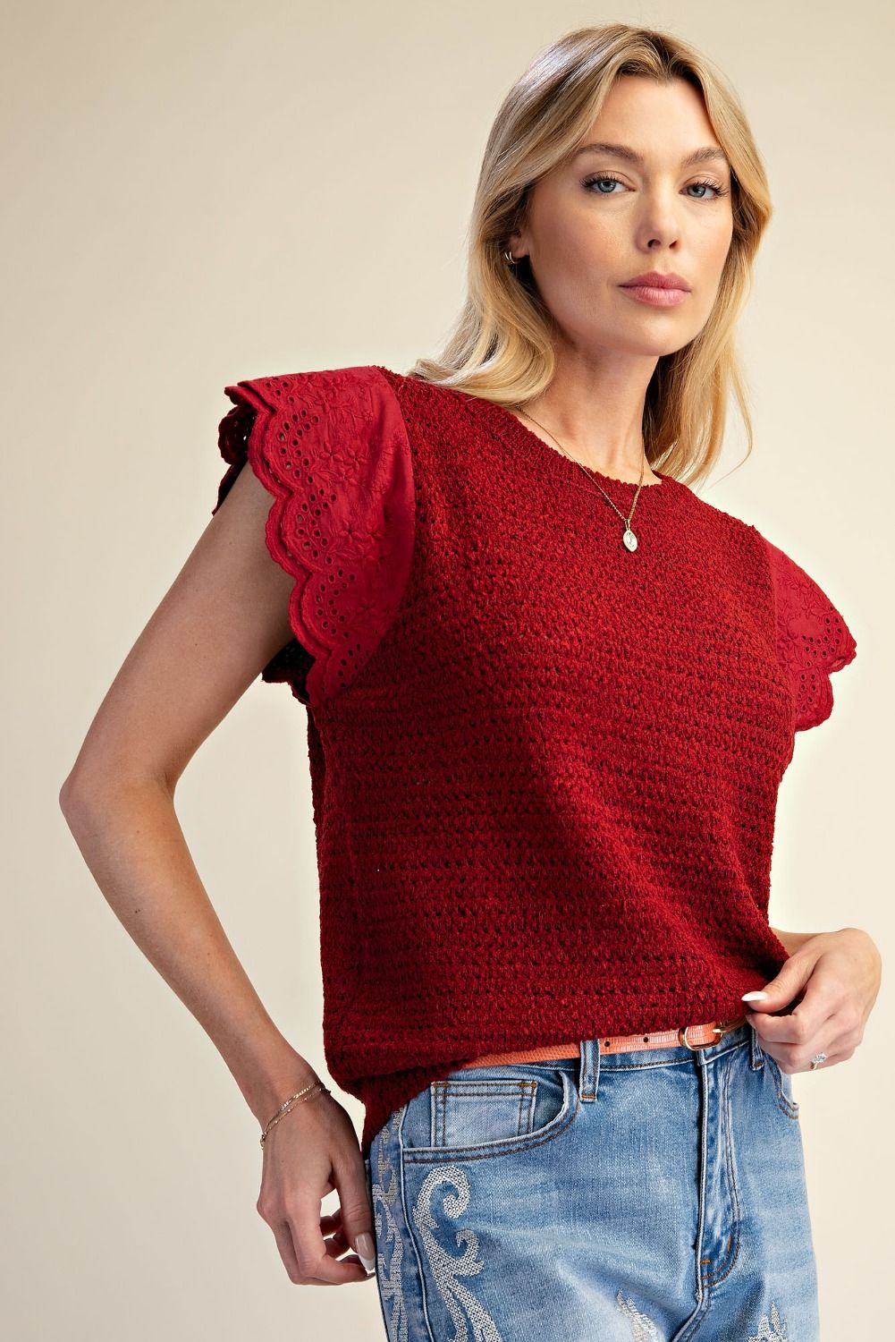 Crochet Knit Top With Eyelet Flutter Sleeves