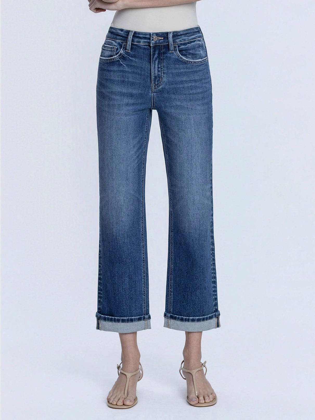 High Rise Dark Wash Cuffed Crop Jean