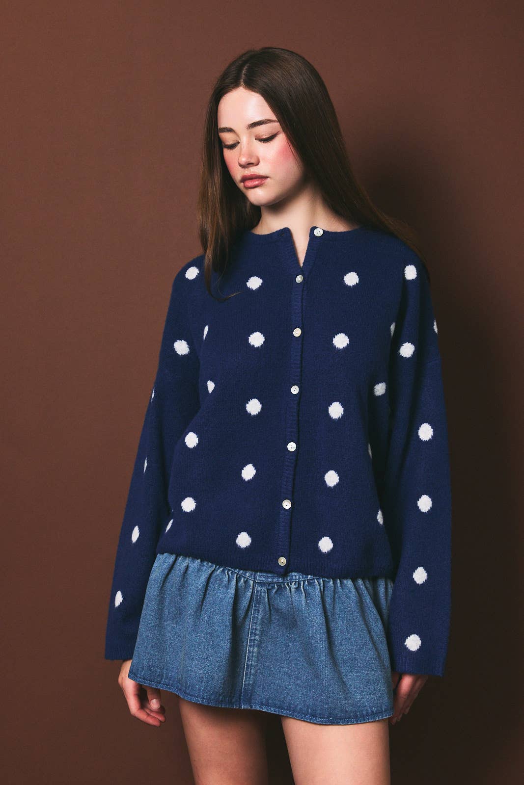 Polka Dot Button Front Cardigan Sweater