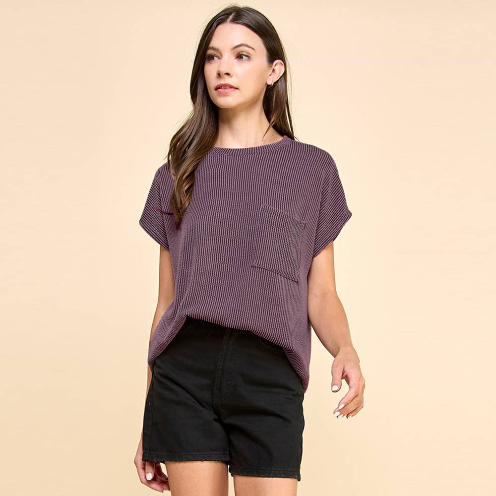 Ribbed Knit Top with Front Pocket