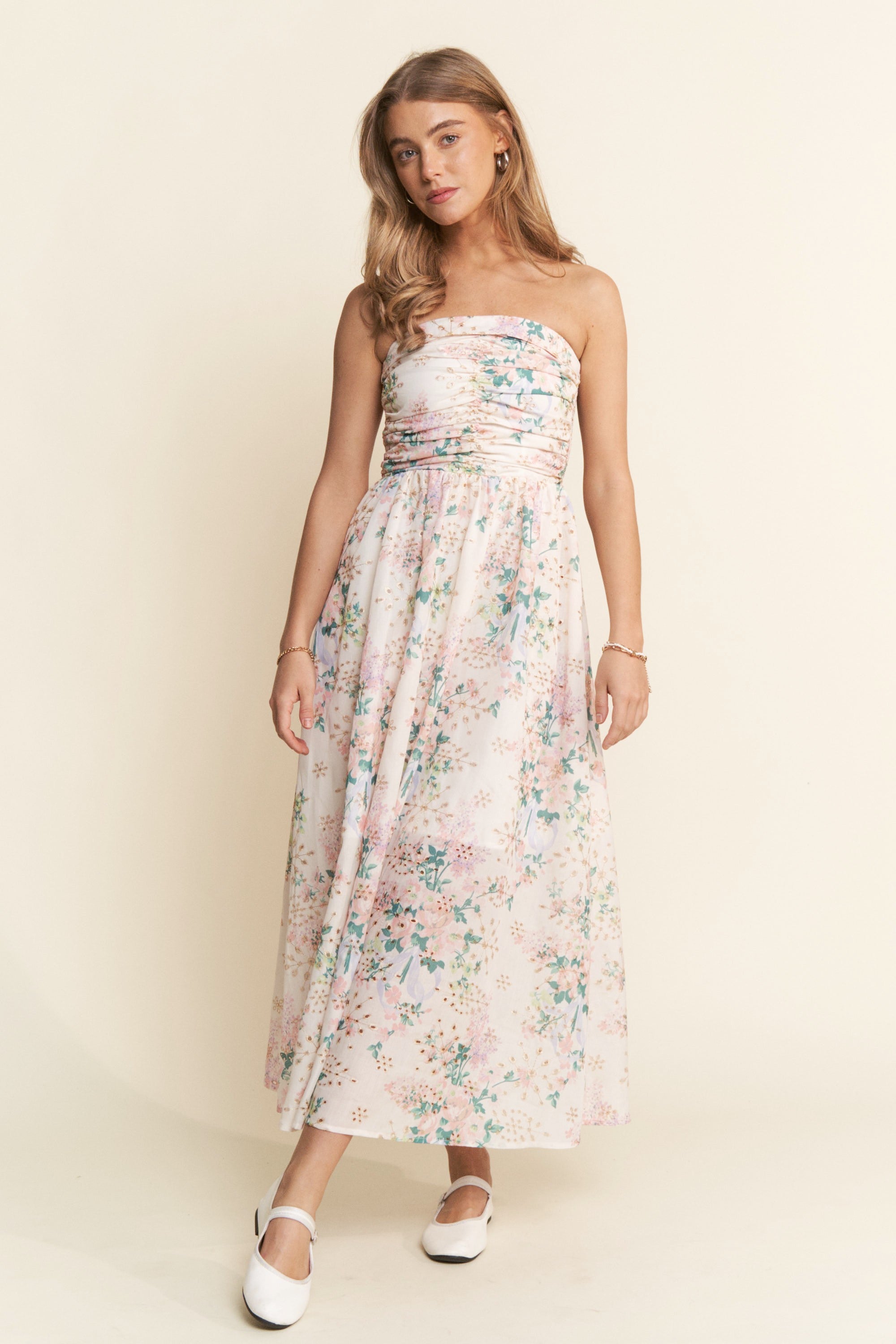Floral Smocked Strapless Midi Dress